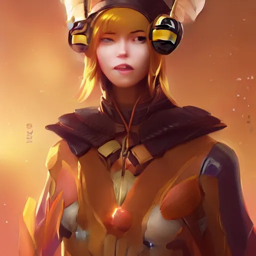 Prompt: beautiful portrait of a friendly android wearing a bee costume, character design by charlie bowater, ross tran, artgerm, and makoto shinkai, highly detailed, soft lighting