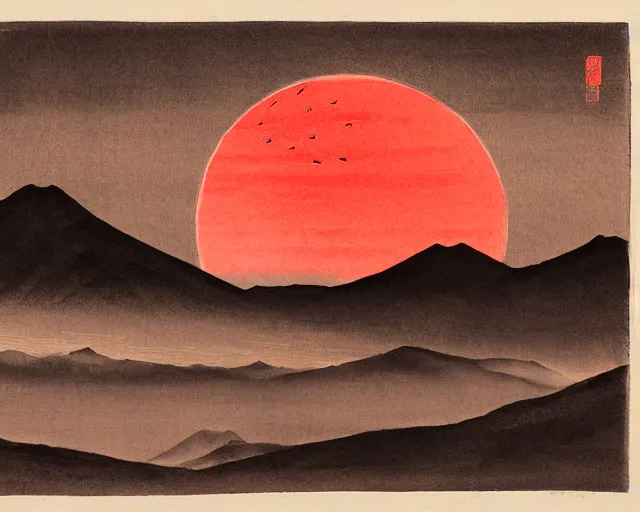 Prompt: japanese ink painting of round red sun behind black mountains, sumi - e