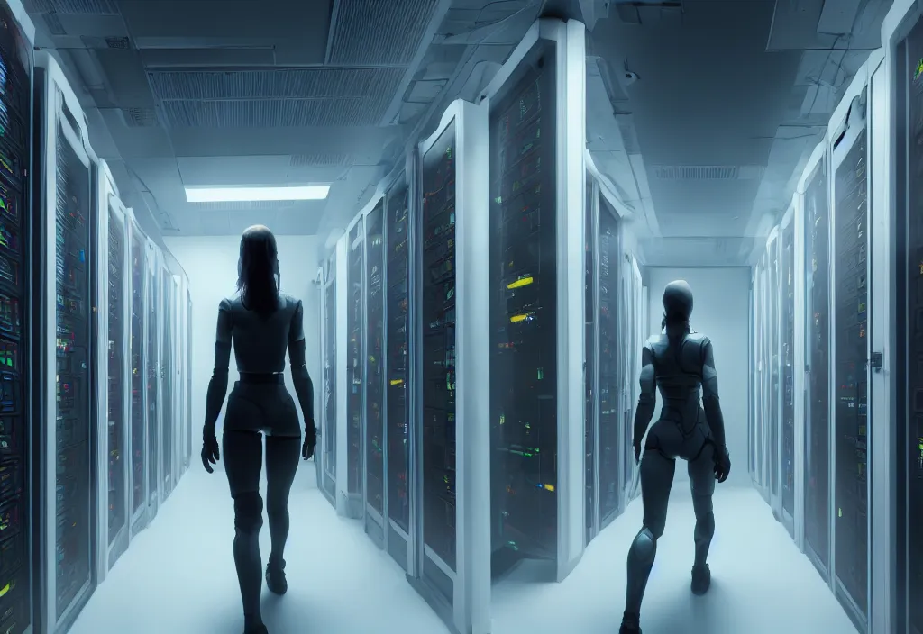 Image similar to film by denis villeneuve android walking in server room in datacenter, shot by cyberpunk syle, character design, proportional body, whole body, whole figure, very realistic cinematic concept art, complementary color, realistic detailed, sharp lines, trending on artstation, volumetric lighting, octane render