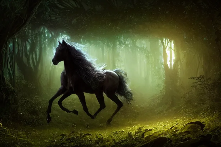 Prompt: a stunning horse with a thick mane of bioluminescent vines and flowers running through the woods by greg rutkowski, high key lighting, volumetric light, digital art, highly detailed, fine detail, intricate, ornate, complex, octane render, unreal engine, photorealistic