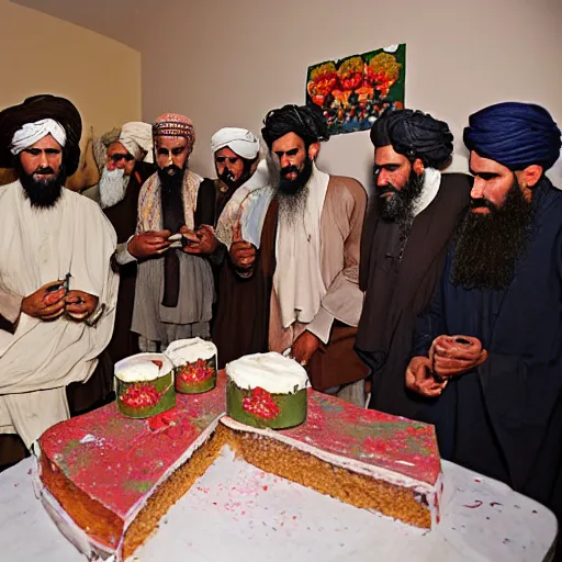 Prompt: color photograph of a festive taliban first anniversary party with cake.