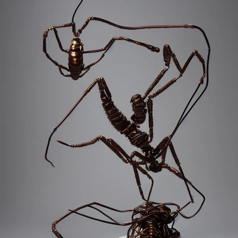 Prompt: hyperrealistic sculpture of a bronze fossilized whip scorpion in a large cage made of colorful plastic wire on a pedestal by ron mueck and duane hanson and lee bontecou, hyperrealistic dramatic colored lighting trending on artstation 8 k