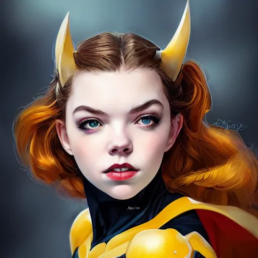 Image similar to a potrait of Anya Taylor as Batgirl by Stanley Artgerm Lau, WLOP, Rossdraws, James Jean, Andrei Riabovitchev, Marc Simonetti, Yoshitaka Amano, Zack Snyder, ArtStation, CGSociety, Full body shot