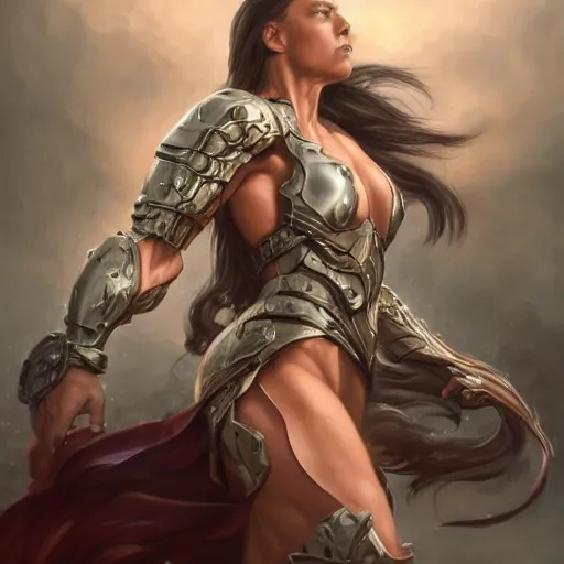 Prompt: epic portrait an muscular armored woman with long flowing hair, detailed, centered, digital painting, artstation, concept art, donato giancola, Joseph Christian Leyendecker, WLOP, Boris Vallejo, Breathtaking, 8k resolution, extremely detailed, beautiful, establishing shot, artistic, hyperrealistic, beautiful face, octane render