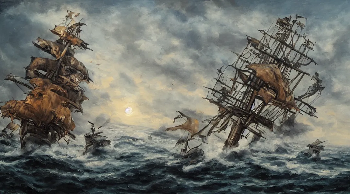 Image similar to oil painting of a kraken attacking a pirate ship