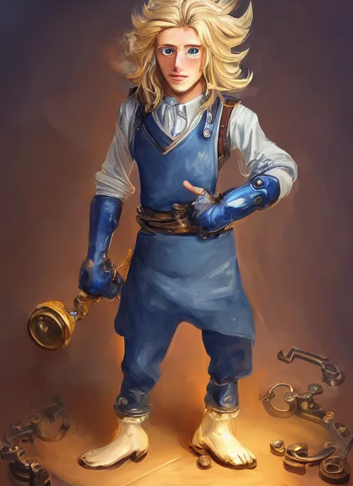 Prompt: a highly detailed illustration of long wavy bright blonde haired effeminate boy wearing blue blacksmith apron and iron mechanical arms, lanky body, blue eyes, dramatic smiling pose, perfect face, symmetrical eyes, intricate, elegant, highly detailed, centered, digital painting, artstation, concept art, smooth, sharp focus, league of legends concept art, wlop