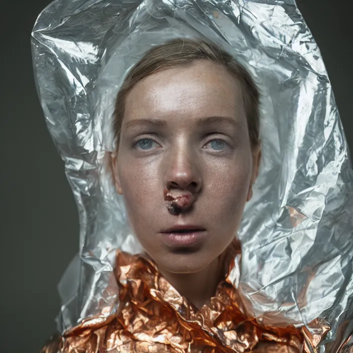 Prompt: closeup portrait of a woman wrapped in copper cellophane, standing in a derelict biology lab science, color photograph, by clemens ascher, canon eos c 3 0 0, ƒ 1. 8, 3 5 mm, 8 k, medium - format print