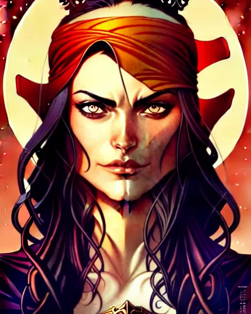 Image similar to artgerm, joshua middleton comic cover art, pretty pirate phoebe tonkin smiling, full body, symmetrical eyes, symmetrical face, long curly black hair, on a pirate ship background, warm colors