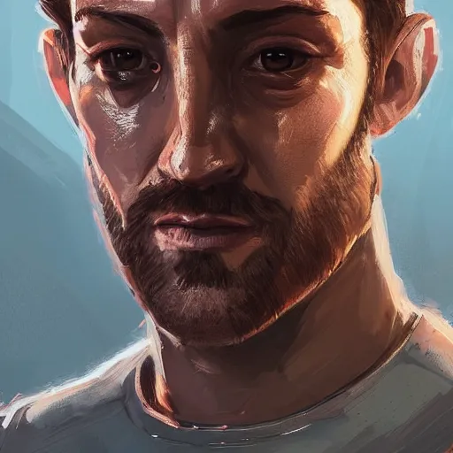 Prompt: Portrait of a man by Greg Rutkowski, he is about 40 years old, copper short hair, his features are a mix between Turkish and Scottish, strong and tall, cool dad vibes, he is wearing a futuristic astronaut suit, highly detailed portrait, digital painting, artstation, concept art, smooth, sharp foccus ilustration, Artstation HQ.