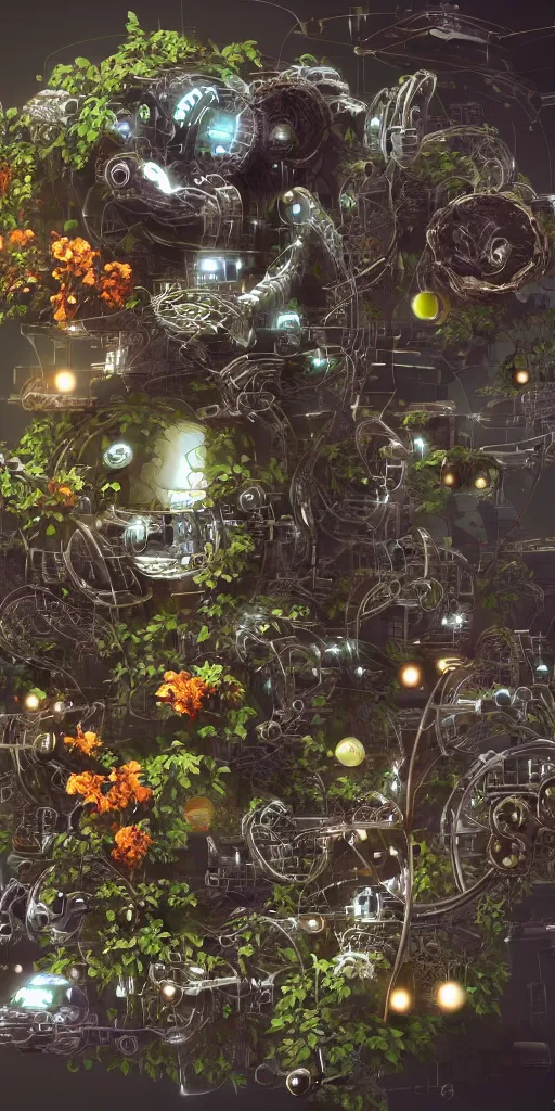 Image similar to a lovely mechanical cornucopia of flowers, sci-fi futuristic, utopian, machine parts, wires, circuits, highly detailed, octane render, cinematic