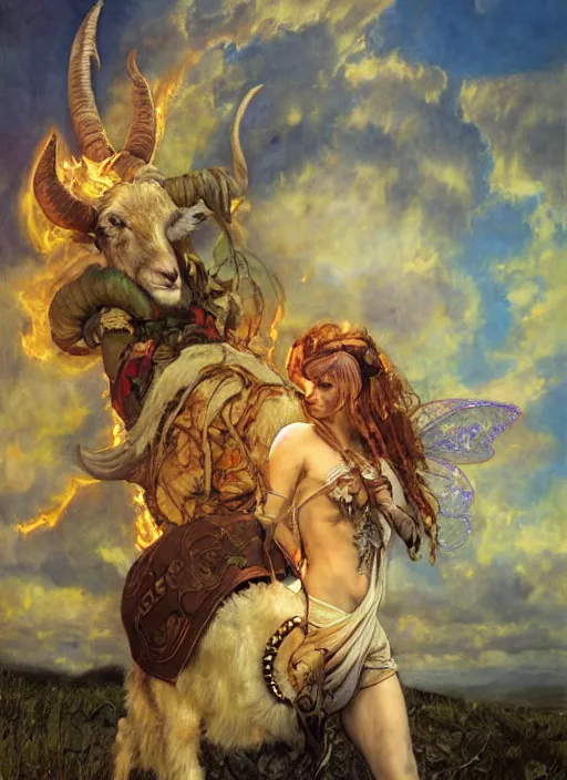 Prompt: symmetry! half length portrait of a biblical diabolical fairy witch girl burning riding a cute goat, fire, clouds, sunset, studio light, by mikhail vrubel, by peter elson, muted colors, extreme detail, trending on artstation, 8 k