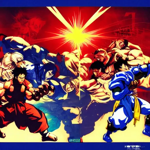 Image similar to shoryuken, dragon punch, kamehameha, hadouken, street fighter, mortal kombat, tournament, hanafuda, evolution, game poster by yoji shinkawa in blue and white