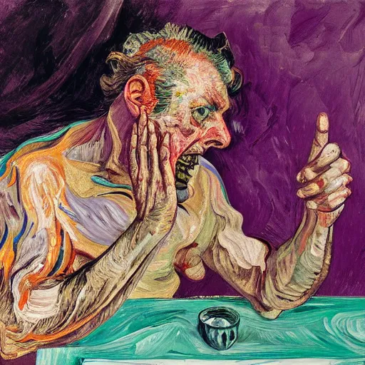 Prompt: high quality high detail expressionist painting of a man in agony by lucian freud and jenny saville and francis bacon and francisco goya and vincent van gogh, hd, anxiety, seated at table with friend in a living room crying and screaming, turquoise and purple and orange and pink