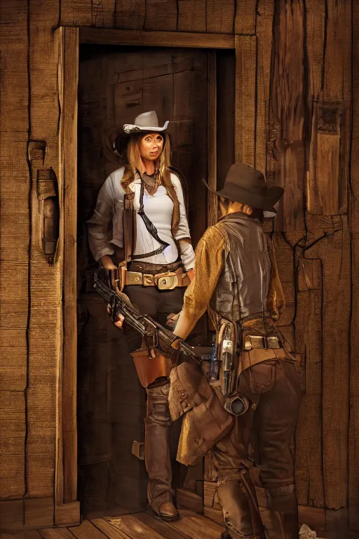 Image similar to an environmental concept art of a female gunslinger, back to camera, standing in the doorway of an open saloon door, old west town, highly detailed, cinematic, dramatic lighting, close shot by francis tneh