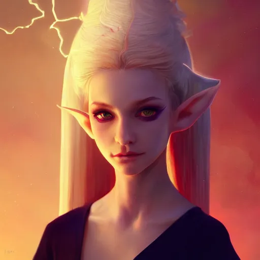 Prompt: a painting of an female elf wearing a black dress with blonde hair and red eyes. by tooth wu and wlop and beeple and greg rutkowski. trending on artstation, highly detailed, volumetric lightning