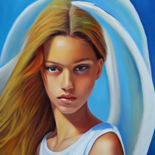 Image similar to hyperrealism oil painting, fashion model portrait, holy angel