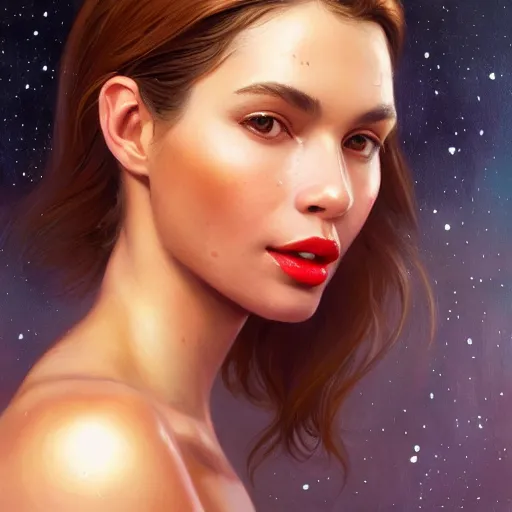 Prompt: a portrait of a very beautiful woman in a spacesuit with deep dueling scar across cheek, brown eyes, shoulder-length brown hair, red lips, bored, illustration, soft lighting, soft details, painting oil on canvas by mark arian by artgerm, trending on artstation, 4k, 8k, HD