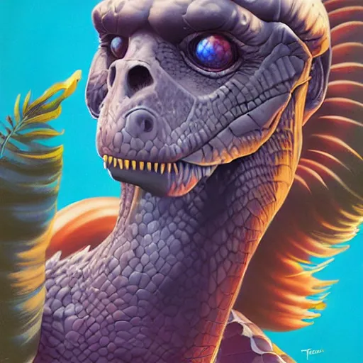 Image similar to Lofi vaporwave portrait dinosaur, Pixar style, Tristan Eaton, Stanley Artgerm, Tom Bagshaw