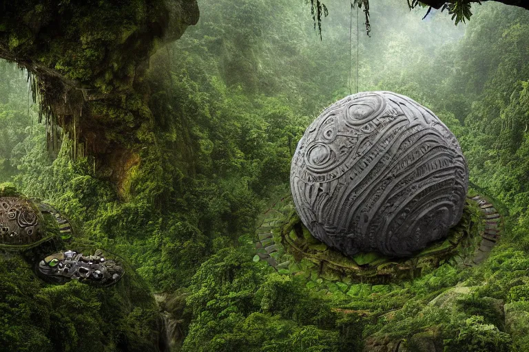 Prompt: photograph of a gigantic paleolothic sphere made of stone with highly detailed carvings of intricate shamanic robotic electronics and circuits, in a rain forest, inside a valley overlooking the amazon, by michal karcz, amazonian vista