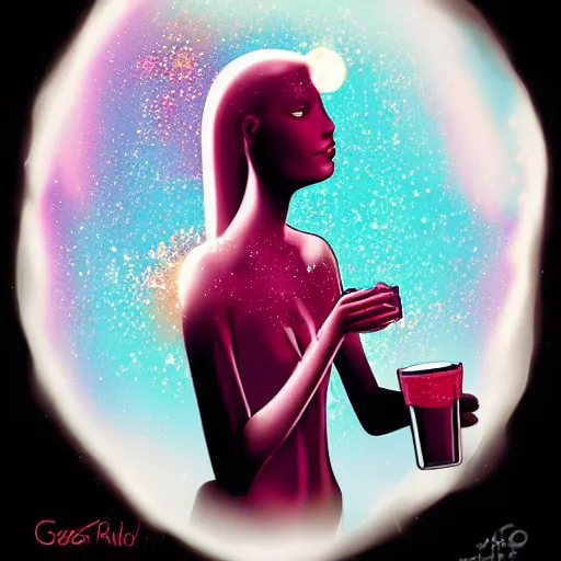 Prompt: celestial woman made of stars and galaxies drinking coffe by greg rutkowsky