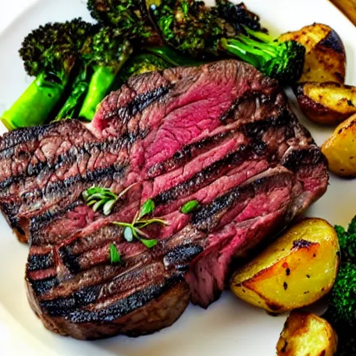 Prompt: pan seared ribeye, roasted fingerling potatoes, and grilled brocolli