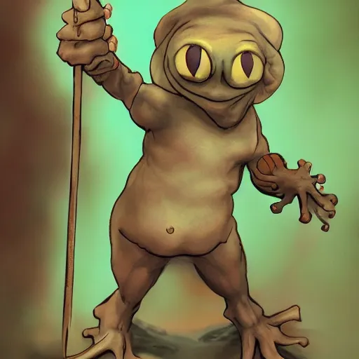 Image similar to A oldman frog holding himself with a staff. Artstation, Hiroaki Tsutsumi style