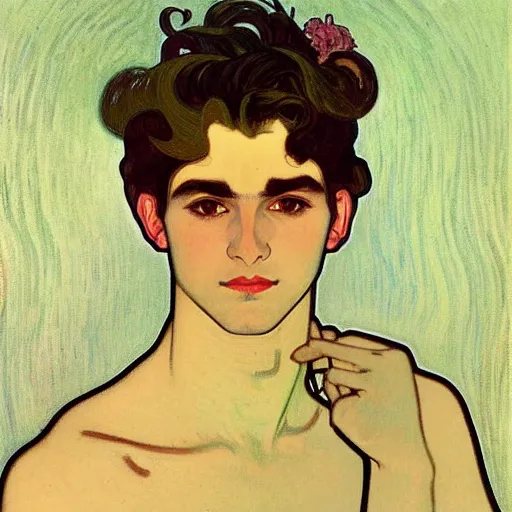 Prompt: painting of young handsome beautiful dark medium wavy hair man in his 2 0 s named shadow taehyung wearing a rosel hair crown at the cucumber and banana soup party, elegant, clear, painting, stylized, delicate, soft facial features, art, art by alphonse mucha, vincent van gogh, egon schiele