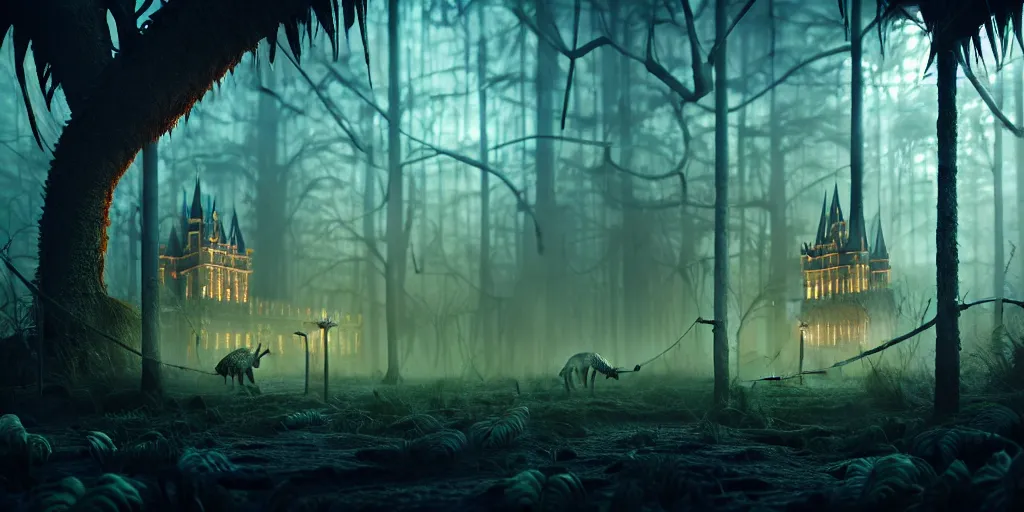 Prompt: of a beautiful Hyperrealistic tall royal castle in the middle of a dark scary smokey jungle, creepy animals scattered around, macro lens, shallow depth of field, highly detailed, digital painting, trending artstation, concept art, illustration, cinematic lighting, vibrant colors, photorealism, epic, octane render