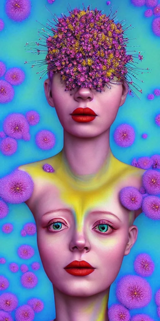 Image similar to hyper detailed 3d render like a Oil painting - portrait sculpt of Aurora (Singer) seen in mascara Lips on the Strangling network of yellowcake aerochrome and milky Fruit that covers her body wearing a 1950s dress and Her delicate Hands hold of gossamer polyp blossoms bring iridescent fungal flowers whose spores black the foolish stars by Jacek Yerka, Mariusz Lewandowski, Houdini algorithmic generative render, Abstract brush strokes, Masterpiece, Edward Hopper and James Gilleard, Zdzislaw Beksinski, Mark Ryden, Wolfgang Lettl, hints of Yayoi Kasuma, octane render, 8k