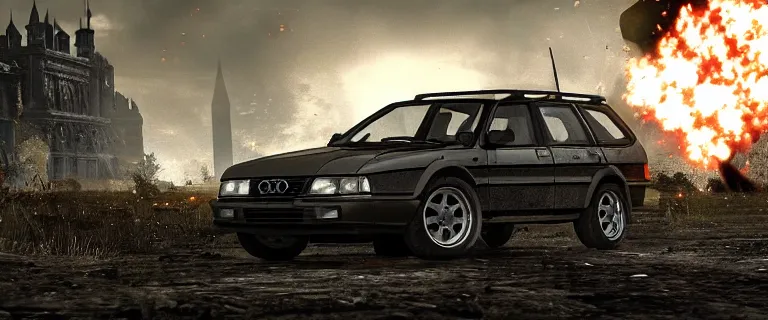 Prompt: Armored and Armed Audi 80 B3 Avant (1988) with a mounted M249 with soldiers on, Dark Souls 3, Eldritch Horrors, Wretched and Corrupted Knights, Heavy Battle, Fight, Car vs Knight, gunshots fired, a grim fantasy, Anor Londo, dramatic lighting, cinematic, establishing shot, extremely high detail, photorealistic, cinematic lighting, artstation, by simon stalenhag