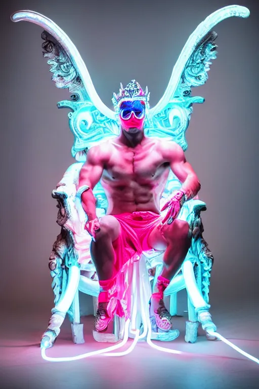 Image similar to full-body rococo and cyberpunk style neon statue of a muscular attractive Ekko wearing cholo shades macho dotado e rico android sim roupa reclining con las piernas abertas e la piroca dura, ethereal white dripping tar, glowing orange lasers, pink tigers, glowing eyes, silver prince crown, black gears, pink diamonds, swirling mint-colored silk fabric. futuristic elements. full-length view. human skulls. large intricate artwork by caravaggio. Trending on artstation, octane render, cinematic lighting from the right, hyper realism, octane render, 8k, depth of field, 3D