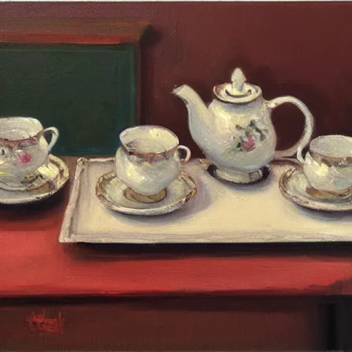 Image similar to a painting of a tea set on a table, a still life by marshall arisman, artstation contest winner, american scene painting, rim light, rich color palette, oil on canvas