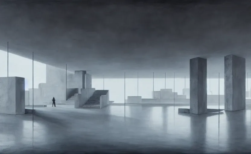 Image similar to painting of interior shot of a white concerete brutalist contemporary art museum by darek zabrocki and greg ruthkowski, cinematic and blue cold atmospheric, archillect concept art, artstation, trending on artstation