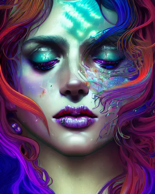 Image similar to glitch art close up portrait vampire, flowing hair, glitches, vaporwave, highly detailed, very intricate, graphical errors, art deco, neon glitch, chromatic aberration, harsh lighting, award - winning, unreal engine 5, illustration by mandy jurgens and alphonse mucha and alena aenami, glitch color palette, featured on artstation