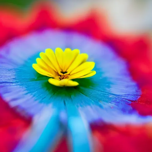 Image similar to closeup photo of rainbow - colored flower with 7 petals, held by hand, shallow depth of field, cinematic, 8 0 mm, f 1. 8