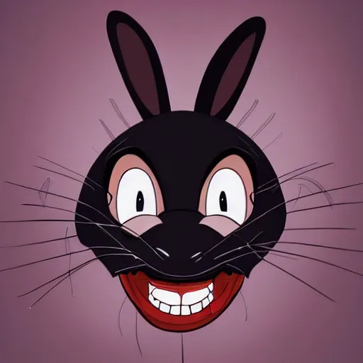 Image similar to A extremely highly detailed majestic hi-res beautiful, highly detailed head and shoulders portrait of a scary terrifying, horrifying, creepy black cartoon rabbit with scary big eyes, earing a shirt laughing, hey buddy, let's be friends, in the style of Walt Disney animation