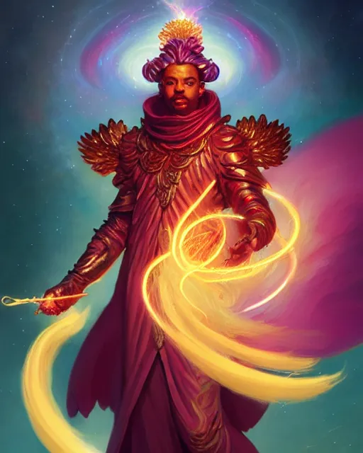 Image similar to a character portrait of only one male angel of justice with golden fiery wings, surrounded with spiriling sparkling rose crystals and galaxies, by peter mohrbacher, hyper light drifter, jim burns, greg rutkowski, trending on artstation