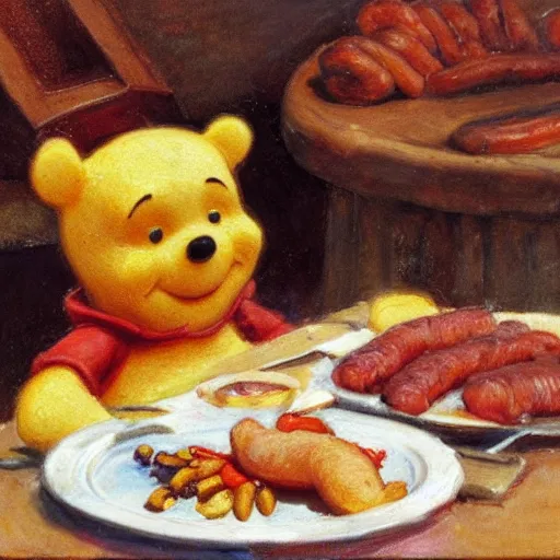 Prompt: close up of winnie the pooh with a plate of sausages and bacon, cinematographic shot, by daniel f. gerhartz