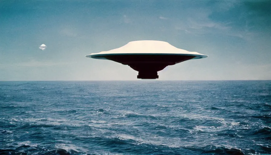 Prompt: 7 0 s film still of a ufo hovering above ocean, highly intricate, highly realistic, kodachrome, cinecolor, cinestill, photorealism, cinematic, film grain, film texture, vhs recording