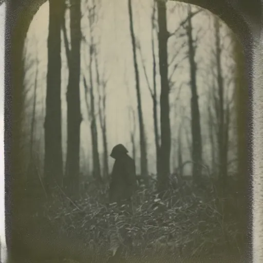 Prompt: slender dark ominous figure standing in the woods, dark, creepy, 1910 Polaroid photograph