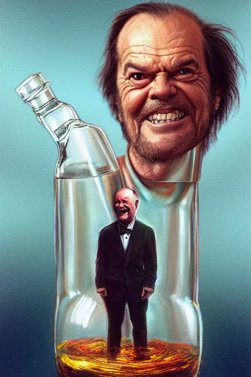 Image similar to a ship in a bottle but instead of a ship it is jack nicholson in the bottle, the shining, masterpiece painting by artgerm, greg rutkowski, tom bagshaw