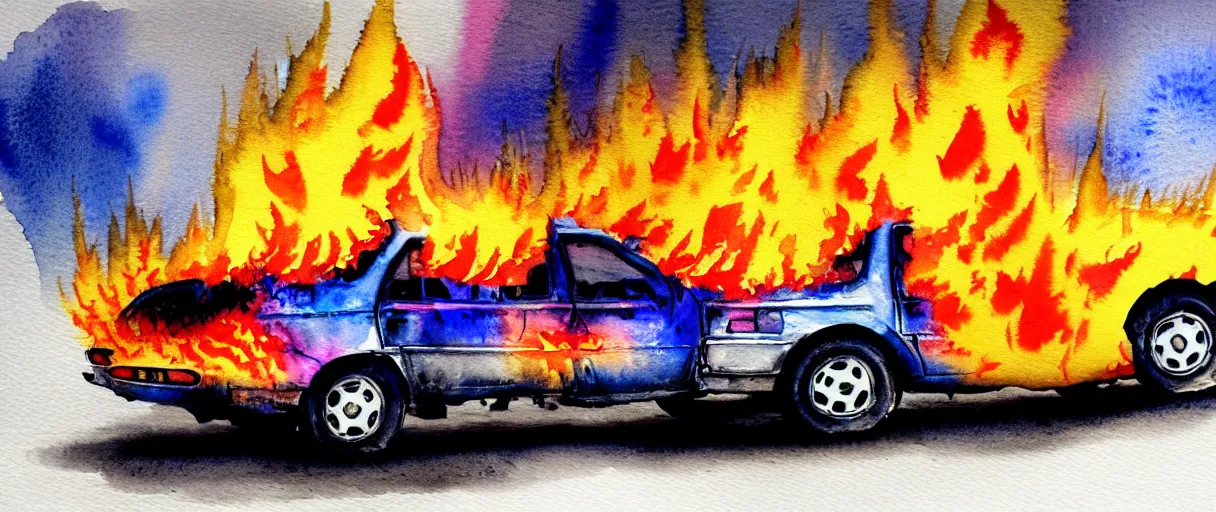 Image similar to watercolor of burning police car