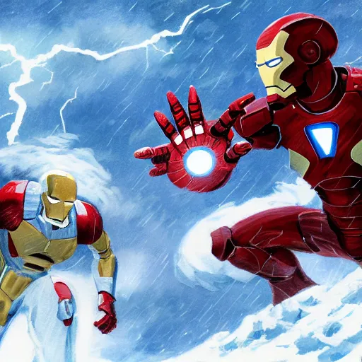 Image similar to portrait of iron man fighting captain america in a snowy tundra, stormy weather and lightning, illustration concept art of miyazaki studio ghibli