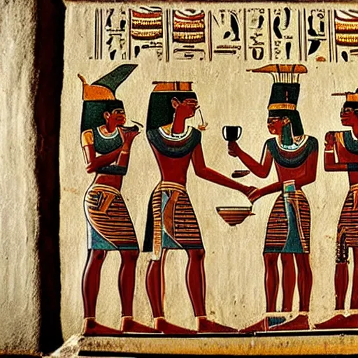 Image similar to highly detailed ancient Egyptian art with people drinking and serving coffee