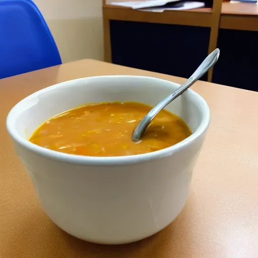 Image similar to a soup is sitting in the office