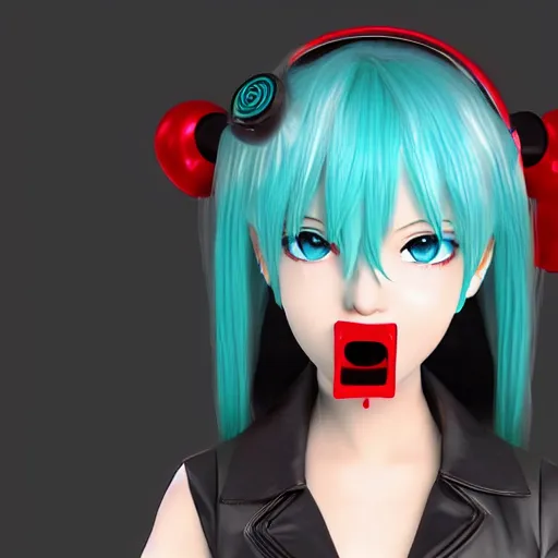 Image similar to hatsune miku high on weed with bloodshot baggy eyes smoking with a vape pen, 3 d render, 4 k