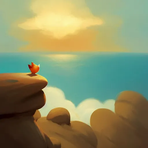 Image similar to goro fujita ilustration a cute little bird perched on a rock watching the ocean and the waves with their foam, the sky with fluffy clouds and makes a warm light, painting by goro fujita, sharp focus, highly detailed, artstation