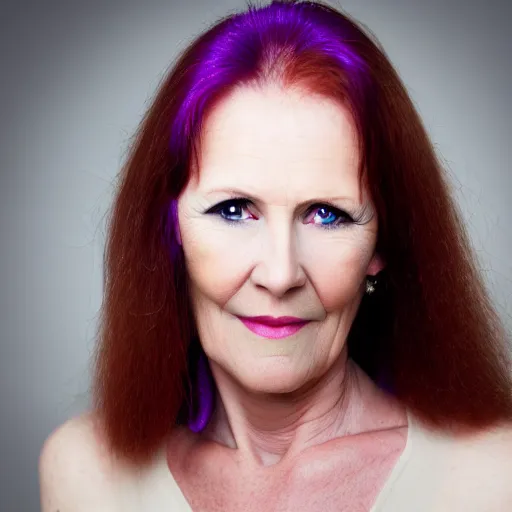 Prompt: mature woman with long ginger hair and purple eyes, high quality photo