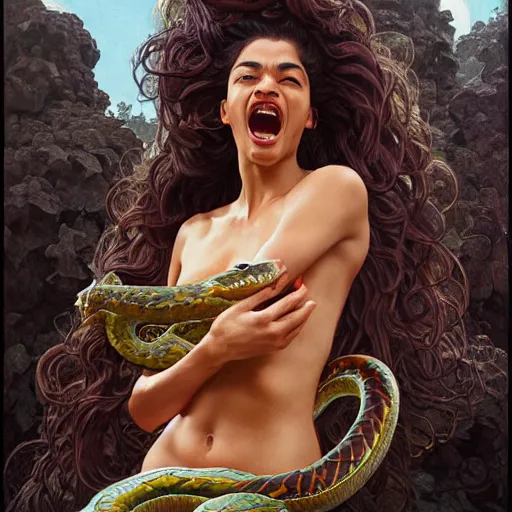 Image similar to Shanina Shaik as Medusa, screaming, snakes for hair, intricate, elegant, highly detailed, digital painting, artstation, concept art, smooth, sharp focus, illustration, art by artgerm and greg rutkowski and alphonse mucha