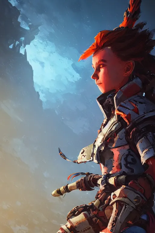 Image similar to combination suit armor aloy horizon forbidden west horizon zero dawn radiating a glowing aura global illumination ray tracing hdr fanart arstation by ian pesty and alena aenami artworks in 4 k tribal robot ninja mask helmet backpack